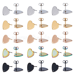 30Pcs 5 Colors Heart Shape Vacuum Plating 304 Stainless Steel Stud Earring Findings, with Ear Nuts/Earring Backs and Hole, Mixed Color, 12x13x1mm, Pin: 0.8mm, 6pcs/color(EJEW-UN0001-63)