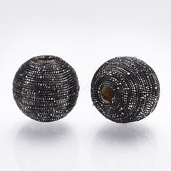 Wood Beads Covered with Polyester Cord Wire, Round, Black, 18~19x17.5~18mm, Hole: 3.5~4mm(WOVE-S117-18mm-02)