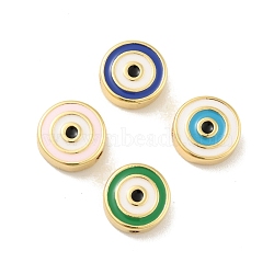 Brass Beads, with Enamel, Cadmium Free & Lead Free, Long-Lasting Plated, Flat Round with Evil Eye, Real 18K Gold Plated , Mixed Color, 10x4mm, Hole: 1.2mm(KK-B059-36G)