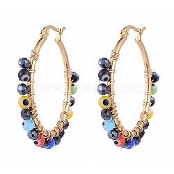 Beaded Big Hoop Earrings, with Evil Eye Lampwork Beads, Glass Beads and Golden Plated 304 Stainless Steel Hoop Earrings, Colorful, 40~41x4mm, Pin: 0.5x1mm(EJEW-JE04172-03)