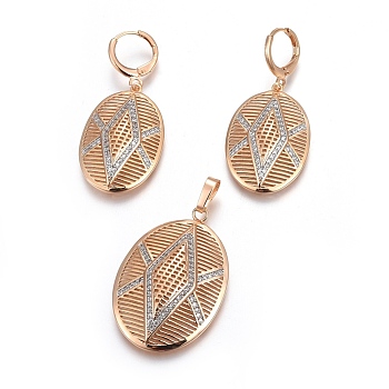 Brass Micro Pave Cubic Zirconia Jewelry Sets, Pendant and Earrings, Long-Lasting Plated, Oval, Light Gold, 44mm, Hole: 4x6mm, 42mm, Pin: 1mm
