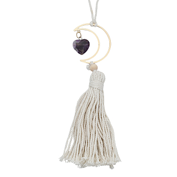 Natural Amethyst Heart Pendant Decoration, Tassel Car Hanging Ornament, with Alloy Moon, 180mm