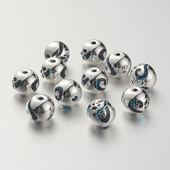 K9 Glass Beads, Covered with Brass, Round with Heart Pattern, 925 Sterling Silver Plated, Deep Sky Blue, 10.2x9.2mm, Hole: 1.5mm