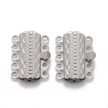 304 Stainless Steel Box Clasps, Multi-Strand Clasps, 5-Strands, 10-Holes, Rectangle with Flower, Stainless Steel Color, 19.5x15x3mm, Hole: 1.4mm