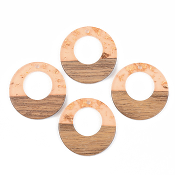 Transparent Resin & Walnut Wood Pendants, with Gold Foil, Flat Round, Dark Salmon, 28x3mm, Hole: 2mm