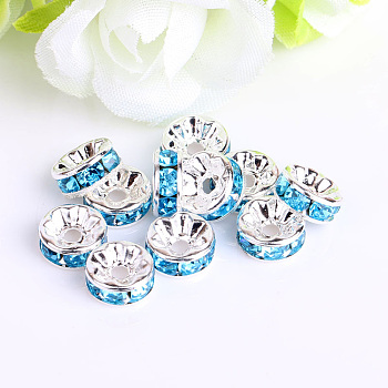 Iron Flat Round Spacer Beads, with Rhinestone, Silver Color Plated, Aquamarine, 8mm