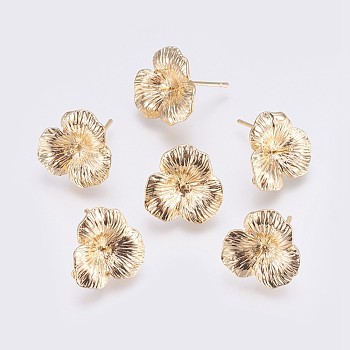 Brass Stud Earrings Findings, with Loop, For Half Drilled Beads, Long-Lasting Plated, Flower, Nickel Free, Real 18K Gold Plated, 16x3mm, Hole: 0.8mm, Pin: 0.8mm