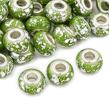 Opaque Resin Rondelle European Beads, with Silver Foill & Silver Tone Brass Double Cores, Large Hole Beads, Green, 13.8x8.5mm, Hole: 4.5~5mm