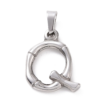304 Stainless Steel Pendants, Bamboo Style, Stainless Steel Color, Letter.Q, 19x16x3mm, Hole: 3x7mm