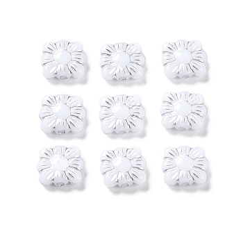 Opaque Acrylic Beads, Metal Enlaced, Square with Flower Pattern, White, 9.5~10x10.5~11x3.5mm, Hole: 1.6mm, about 1990pcs/500g