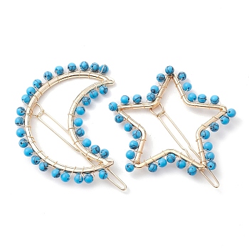 2Pcs Moon & Star Alloy with Synthetic Turquoise Hollow Hair Barrettes, Ponytail Holder Statement for Girls Women, Moon: 61x66x4~5mm, Star: 52.5~54x60x4~4.5mm