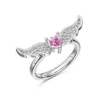Valentine's Day Cubic Zirconia Heart Angel Wing Finger Rings, Rhodium Plated 925 Sterling Silver Ring for Women, Platinum, US Size 7(17.3mm)