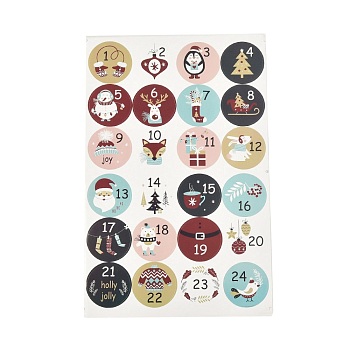 Christmas Theme Round Paper Gift Tag Self-Adhesive Stickers, Number1~24 Countdown Labels, for Gift Packaging, Animal Pattern, 31x20x0.02cm, Stickers: 45mm In Diameter, 24pcs/sheet