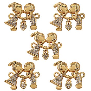 5Pcs Brass Micro Pave Clear Cubic Zirconia Links Connectors, Long-Lasting Plated, Couples, Real 18K Gold Plated, 16.5x19.5x2.5mm, Hole: 1.5mm