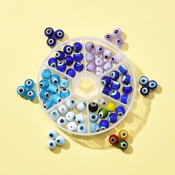 72Pcs 6 Colors Handmade Evil Eye Lampwork Bead, Round, Mixed Color, 8mm, Hole: 1mm, 12pcs/color