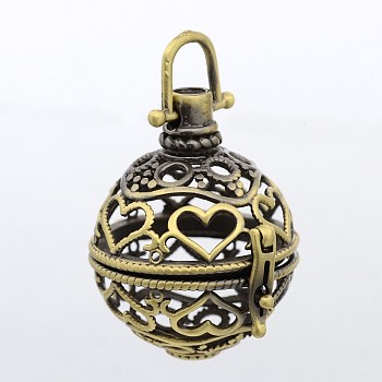 Round with Heart Brass Hollow Cage Pendants, For Chime Ball Pendant Necklaces Making, Lead Free & Cadmium Free &Nickel Free, Antique Bronze, 38x25mm, Hole: 5x6mm, 20.5mm inner diameter