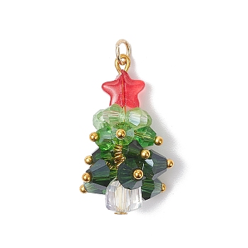 Brass Glass Pendants, Christmas Trees, Faceted, with 304 Stainless Steel Jump Rings, Real 18K Gold Plated, 30.5x16~17.5mm, Hole: 3mm