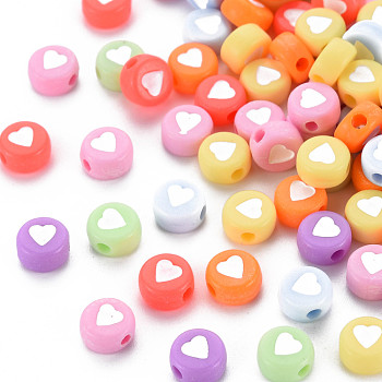 Opaque Acrylic Beads, Flat Round with Heart, Mixed Color, 7x4mm, Hole: 1.5mm, about 3700pcs/500g
