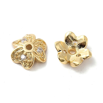 Brass Micro Pave Cubic Zirconia Bead Cap, 3-Petal Flower, Real 18K Gold Plated, 9x8x3mm, Hole: 1.2mm