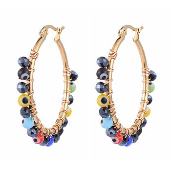 Beaded Big Hoop Earrings, with Evil Eye Lampwork Beads, Glass Beads and Golden Plated 304 Stainless Steel Hoop Earrings, Colorful, 40~41x4mm, Pin: 0.5x1mm