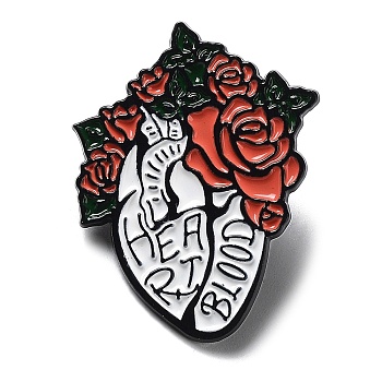 Body Organ Enamel Pins, Black Alloy Brooch for Backpack Clothes, Heart & Rose, 30x23x1.5mm