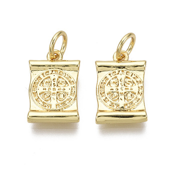 Brass Charms, with Jump Ring, Nickel Free, Rectangle with Saint Benedict, with Word CssmlNdsmd, Real 18K Gold Plated, 14x9x2.5mm, Hole: 3mm