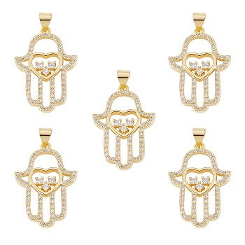5Pcs Rack Plating Brass Micro Pave Cubic Zirconia Pendants, Cadmium Free & Lead Free, Hamsa Hand/Hand of Miriam with Heart, Real 18K Gold Plated, 29x19.5x3mm, Hole: 4x3mm