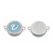 Alloy Enamel Links Connectors, with Crystal Rhinestones, Flat Round with Letter, Silver Color Plated, Letter.U, 22x16x2mm, Hole: 1.8mm(ENAM-TAC0003-01S-06U)