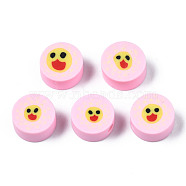 Handmade Polymer Clay Beads, for DIY Jewelry Crafts Supplies, Flat Round with Duck, Pink, 8.5~9.5x4~5mm, Hole: 1.6mm(CLAY-N008-035J)