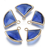 Transparent Glass Pendants, with Light Gold Plated Brass Findings, Faceted, Fan, Royal Blue, 16~17x19x6mm, Hole: 2mm(GLAA-N038-12F)