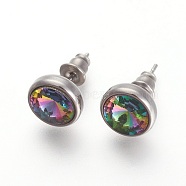 304 Stainless Steel Stud Earrings, with Rhinestone, Flat Round, Crystal AB, 10x6mm, Pin: 0.9mm(EJEW-F182-A11)