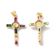 Rack Plating Brass Cubic Zirconia Pendants, Lead Free & Cadmium Free, Long-Lasting Real 18K Gold Plated, Religion Cross Charm, Colorful, 30.5x18x6mm, Hole: 4x3.5mm(KK-D074-10G)