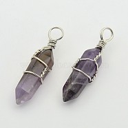 Faceted Bullet Platinum Plated Brass Gemstone Double Terminated Pointed Pendants, Amethyst, 38~42x8~9mm, Hole: 3~6mm(G-J265-08)
