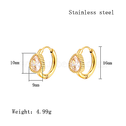 Cubic Zirconia Hoop Earrings, Real 18K Gold Plated 304 Stainless Steel Earrings, Teardrop, 16x9mm.(VX9431-08)