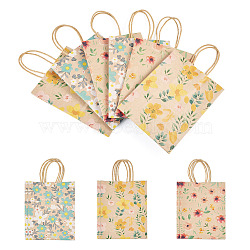 6Pcs 3 Styles Flower Print Kraft Paper Handbags, Flowers Storage Paper Gift Bags for Wedding Party Gift Wrapping Bags, Rectangle, Mixed Color, Unfold: 8x14.9x21cm, 2pcs/style(ABAG-TA0001-52)