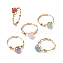 Natural Mixed Gemstone Round Braided Bead Style Finger Rings, Golden Brass Finger Ring, Golden, US Size 7 3/4(17.9mm)(RJEW-JR00607)