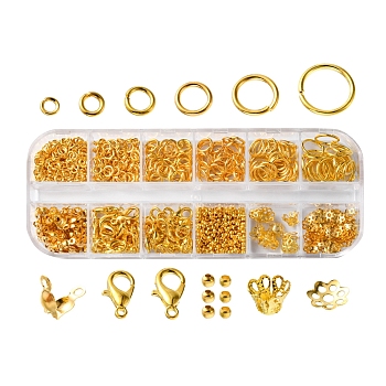 DIY Jewelry Making Finding Kit, Including Brass Jump Rings, Zinc Alloy Lobster Claw Clasps, Iron Spacer & Bead Caps & Bead Tips, Brass Crimp Beads, Golden