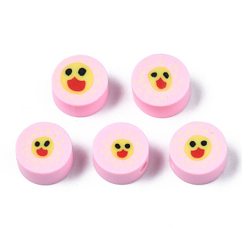 Handmade Polymer Clay Beads, for DIY Jewelry Crafts Supplies, Flat Round with Duck, Pink, 8.5~9.5x4~5mm, Hole: 1.6mm