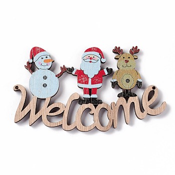 Christmas Decoration Wooden Door Plate, Wood Big Pendants for Door Hanging, Word Welcome with Snowman & Santa Claus & Reindeer, Colorful, 61x109x5mm, Hole: 2mm