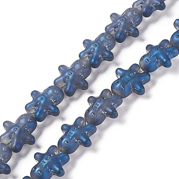 Full Rainbow Plated Forsted Electroplate Glass Beads, Ginger Man, for Christmas, Marine Blue, 15x14x7mm, Hole: 1mm, about 45pcs/strand, 24.80''~25.20''(63~64cm)