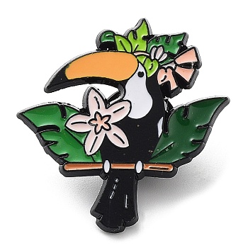 Parrot with Flower Enamel Pins, Electrophoresis Black Alloy Badge for Backpack Clothes, Orange, 30x29x1.5mm
