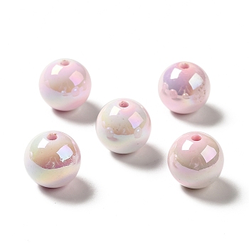 UV Plating Opaque Rainbow Iridescent Acrylic Beads, Round, Pink, 15~15.5x15.5~16mm, Hole: 2.7~2.8mm
