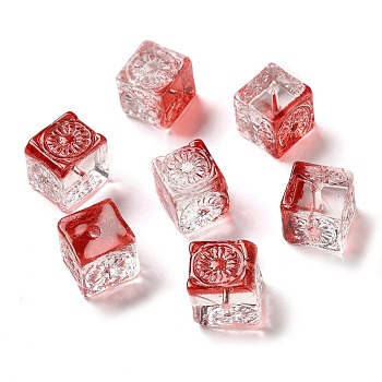Transparent Glass Beads, Cube, FireBrick, 10x11x11mm, Hole: 1.5mm