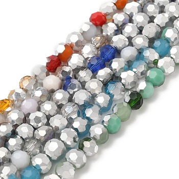 Electroplate Glass Beads Strands, Faceted(32 Facets), Half Silver Plated, Round, Mixed Color, 6x5mm, Hole: 1.4mm, about 100pcs/strand, 20.87''(53cm)