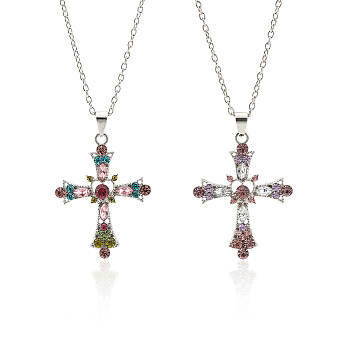 2Pcs 2 Colors Rhinestone Heart Cross Pendant Necklaces Set, Platinum Alloy Jewelry for Women, Mixed Color, 22.13 inch(56.2cm), 1Pc/color