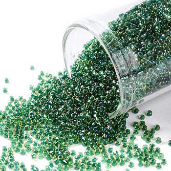 TOHO Round Seed Beads, Japanese Seed Beads, (242) Inside Color Jonquil/Emerald Lined, 15/0, 1.5mm, Hole: 0.7mm, about 15000pcs/50g