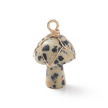Natural Dalmatian Jasper Pendants, Mushroom Charm, with Light Gold Tone Eco-Friendly Copper Wire Wrapped, 27.5x16mm, Hole: 3mm
