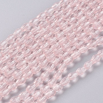 Faceted Glass Beads Strands, teardrop, Pink, 5x3mm, Hole: 0.5mm, about 85~95pcs/strand, 16.5~18.7 inch(42~47.5cm)