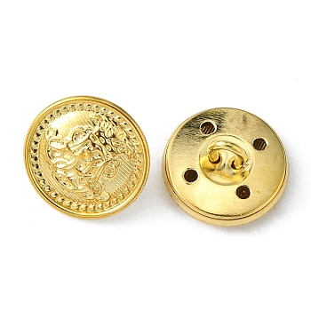 Brass Shank Buttons, Flat Round with Flower Pattern, Golden, 15mm