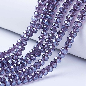 Electroplate Glass Beads Strands, Pearl Luster Plated, Faceted, Rondelle, Slate Blue, 4x3mm, Hole: 0.4mm, about 123~127pcs/strand, 16.5~16.9 inch(42~43cm)